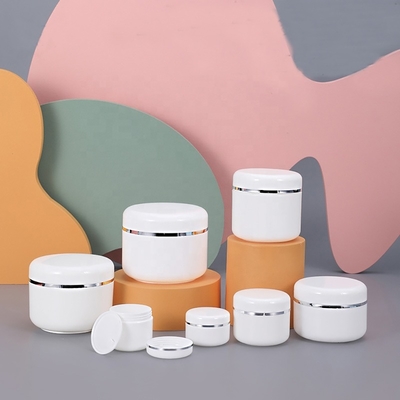 JIE MEI Stock cosmetic MOQ 100PCS 20G wholesale 30G 50G 100G 150G 200G 250G white pp empty face cream plastic jar with silver rim